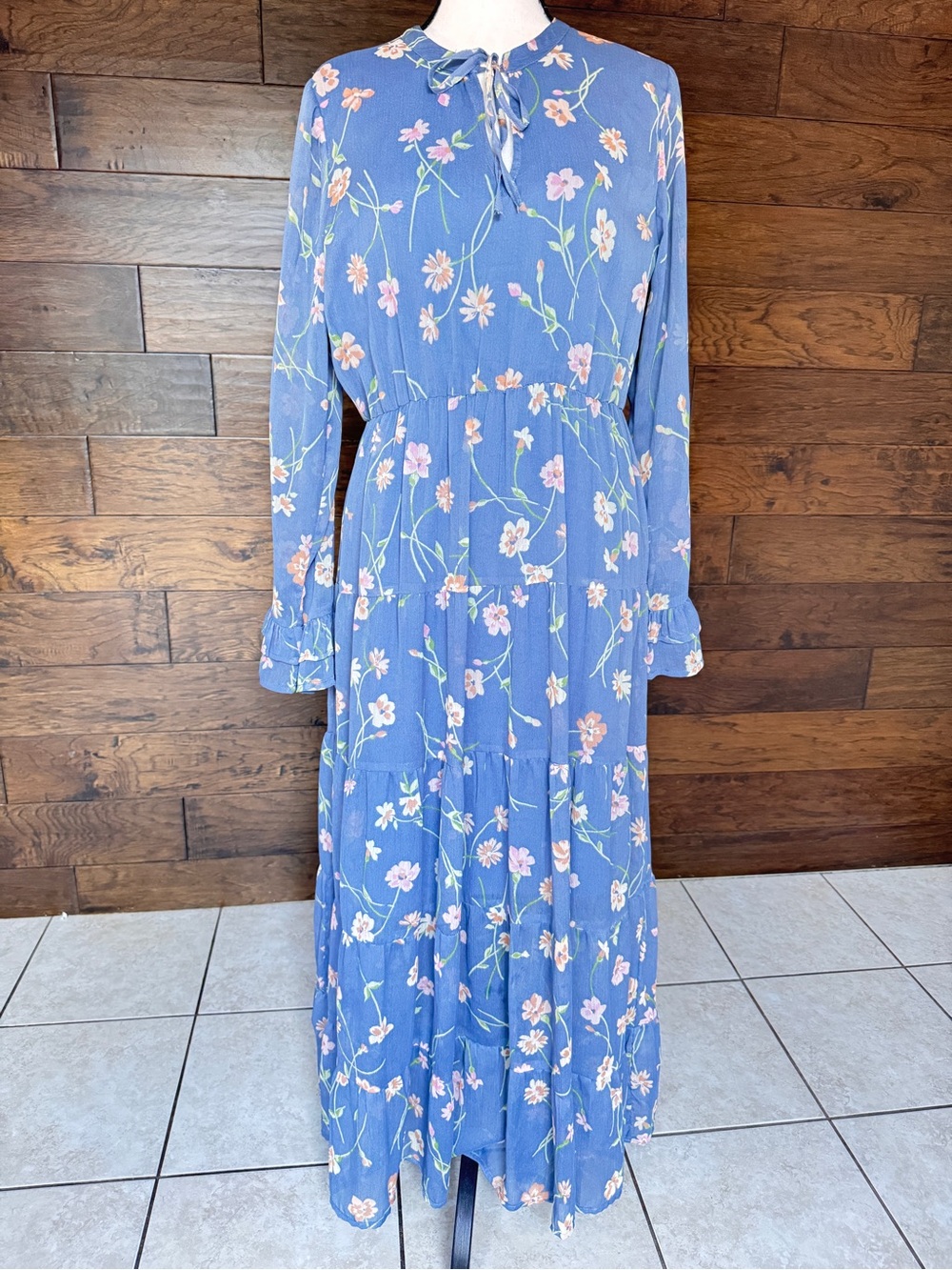 Patrons of Peace Blue Floral Tie-Neck Tiered Maxi Dress